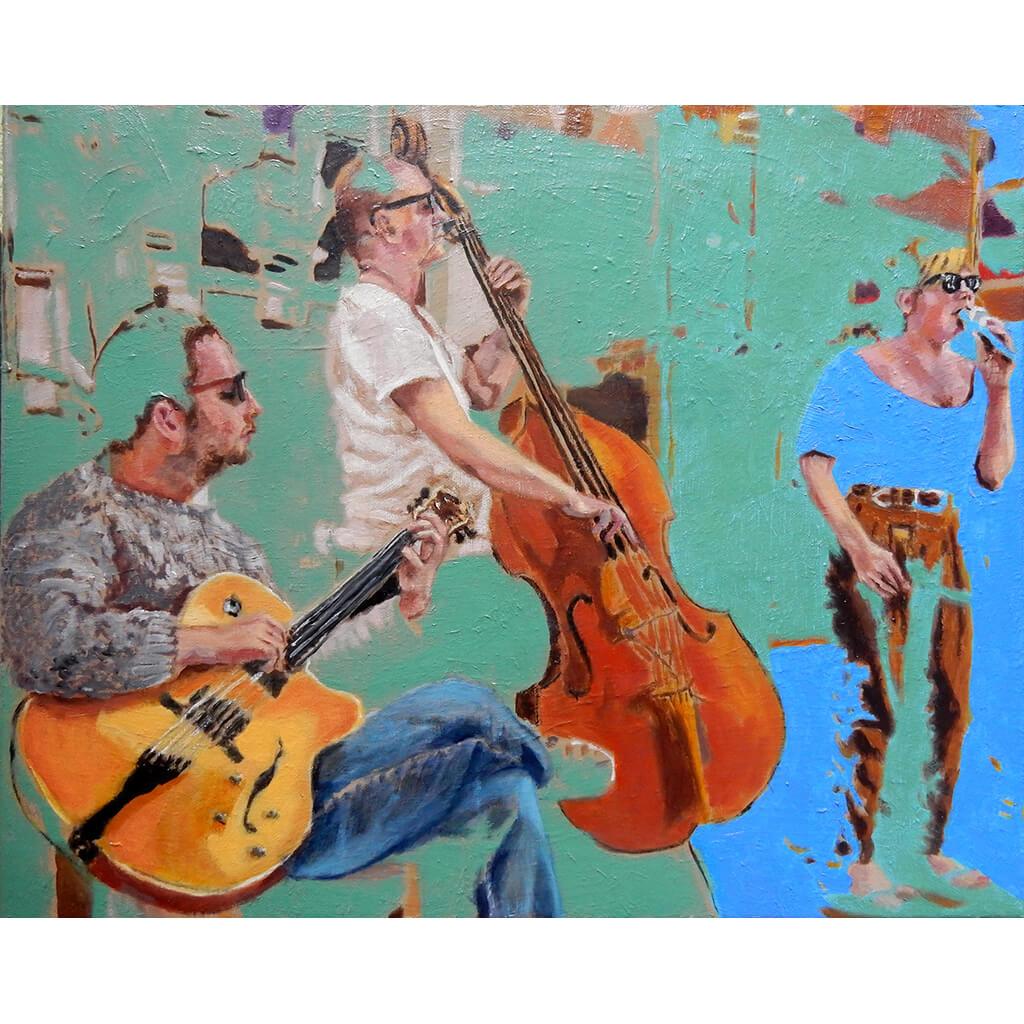 The SO Trio performing in Brighton oil on canvas artwork by Stella Tooth