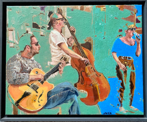 The SO Trio performing in Brighton oil on canvas artwork by Stella Tooth