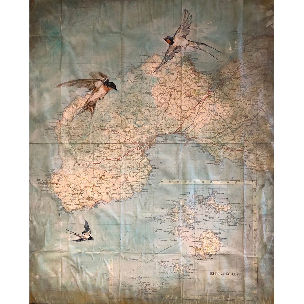 Three Swallows original acrylic and pastel mixed media artwork of swallow birds and vintage map by London artist Sarita Keeler