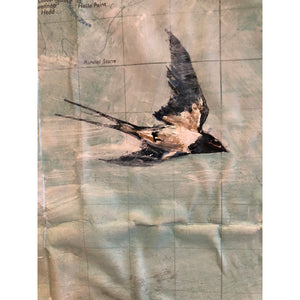Three Swallows original acrylic and pastel mixed media artwork of swallow birds and vintage map by London artist Sarita Keeler