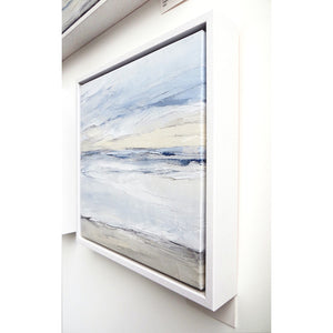 Tofino Seascape by Sarah Knight. An original semi-abstract oil seascape painted in shades of blue and grey framed in white wood