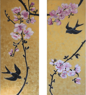 Together by Helen Trevisiol Duff pair of acrylic on canvas gold panel paintings with pink flowers and swallow birds Display
