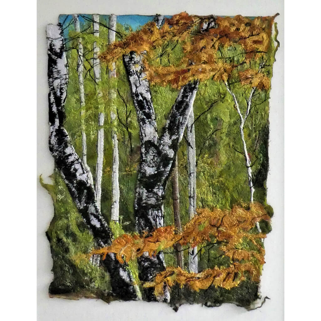 Tree Top by Diana Mckinnon embroidery artist forest woodland with trees in green and copper