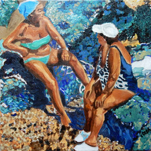 Sunbathing women oil painting on canvas of friends bathing in aqua blue waters by London portrait artist Stella Tooth