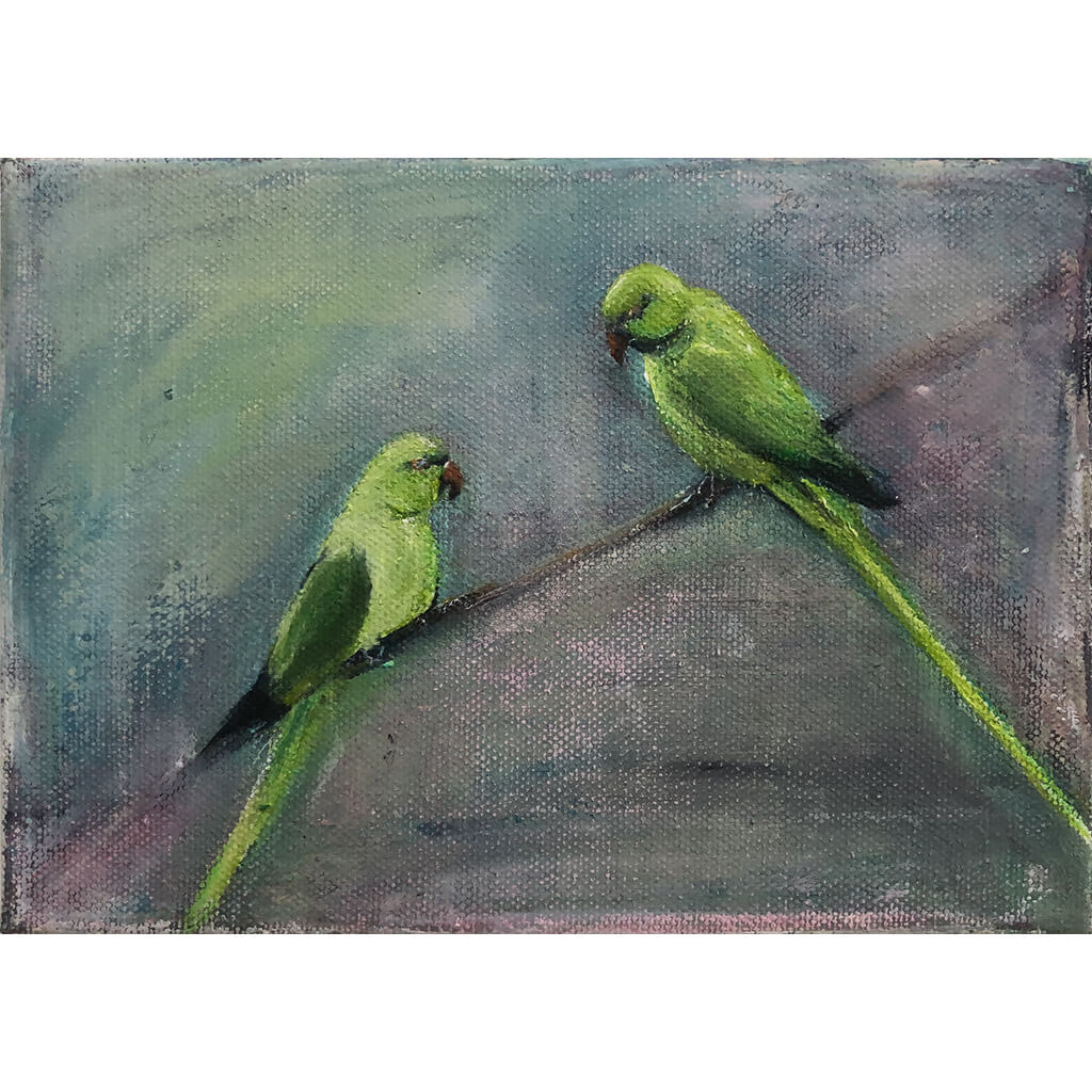 Two Parakeets original acrylic and pastel mixed media artwork of a pair of green parakeets by London bird artist Sarita Keeler