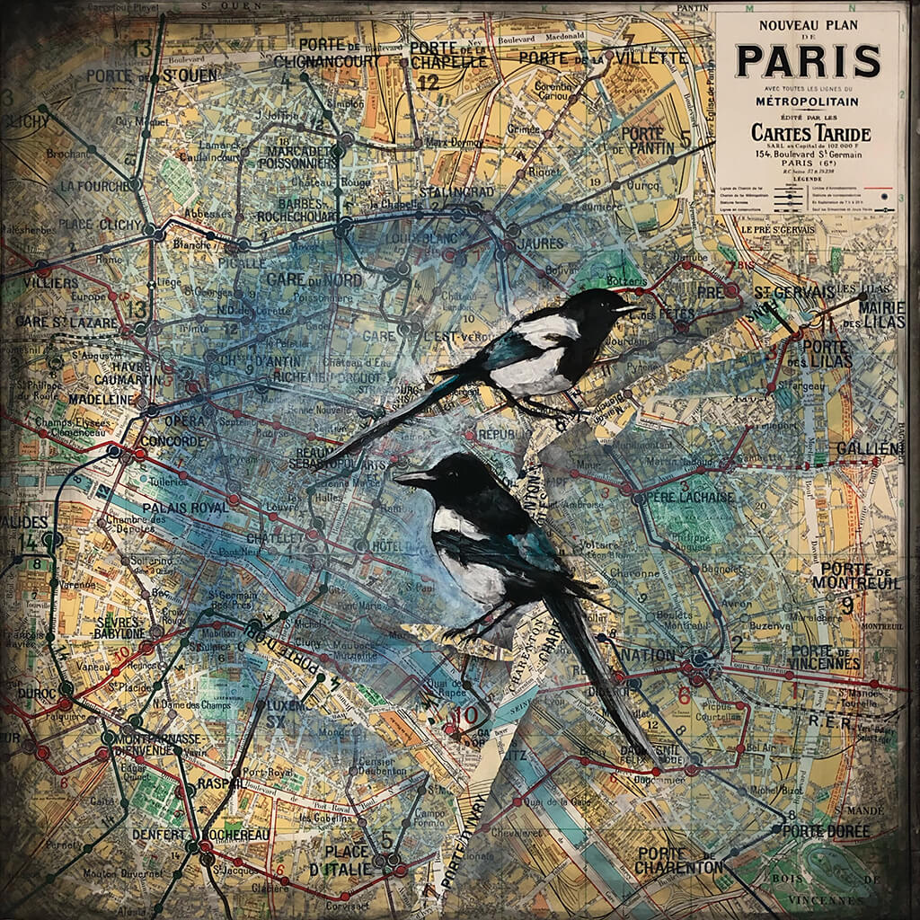 Two For Joy original acrylic and pastel mixed media artwork of a pair of European magpies on old map by London bird artist Sarita Keeler