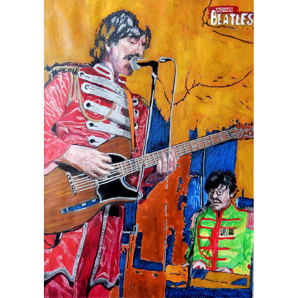 Ultimate Beatles at the Half Moon Putney Mixed media on paper of musician by London based performer artist Stella Tooth