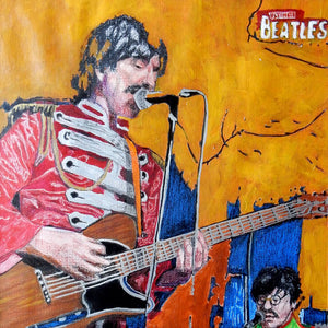 Ultimate Beatles at the Half Moon Putney Mixed media on paper of musician by London based performer artist Stella Tooth