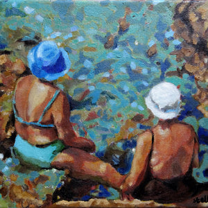 Vecchie Amiche in Ischia by Stella Tooth original oil painting of two sunbathing ladies by Mediterranean waters in Italy detail