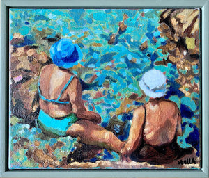 Vecchie Amiche in Ischia by Stella Tooth original oil painting of two sunbathing ladies by Mediterranean waters in Italy display
