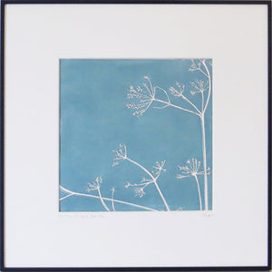Cow Parsley hand printed linocut finished with pencil details by London artist Sarah Knight in Stone Blue or Purbeck Stone Wall