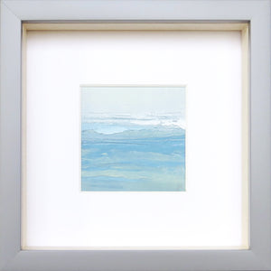 Wall Seascape XVIII by Sarah Knight. An original semi-abstract mini oil seascape of calm seas in blue, green and grey with optional frame