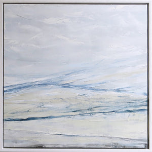 Wall Seascape in Cerulean Blue by Sarah Knight. An original semi-abstract large oil seascape painted in shades of blue, white and grey framed