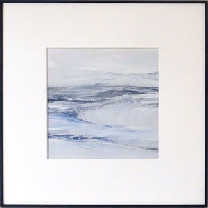 Wall Seascape in Lismer Blue by Sarah Knight. An original semi-abstract mini oil seascape of calm seas in blue and grey with optional frame