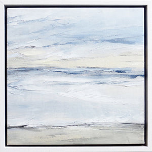 Wall Tofino Seascape by Sarah Knight. An original semi-abstract oil seascape painted in shades of blue and grey framed in white wood