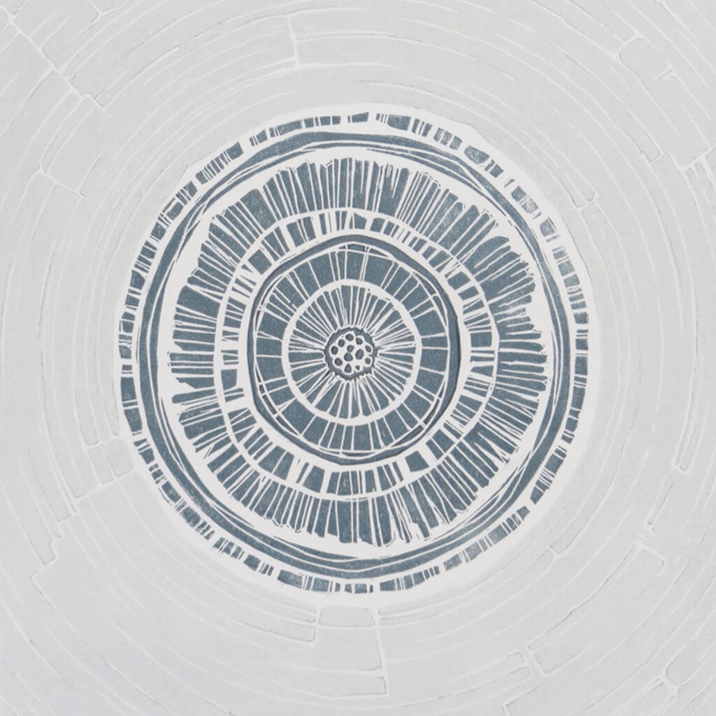 Hand printed linocut by artist Sarah Knight in shades of blue turquoise and grey. Limited edition produced in hand mixed inks.