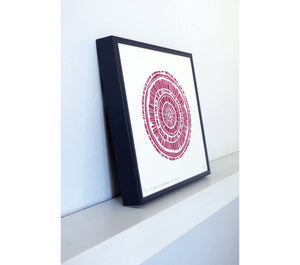 Hand printed linocut by artist Sarah Knight. Weathered Woodrings is available in either crimson or teal, both in an optional navy blue frame. Side
