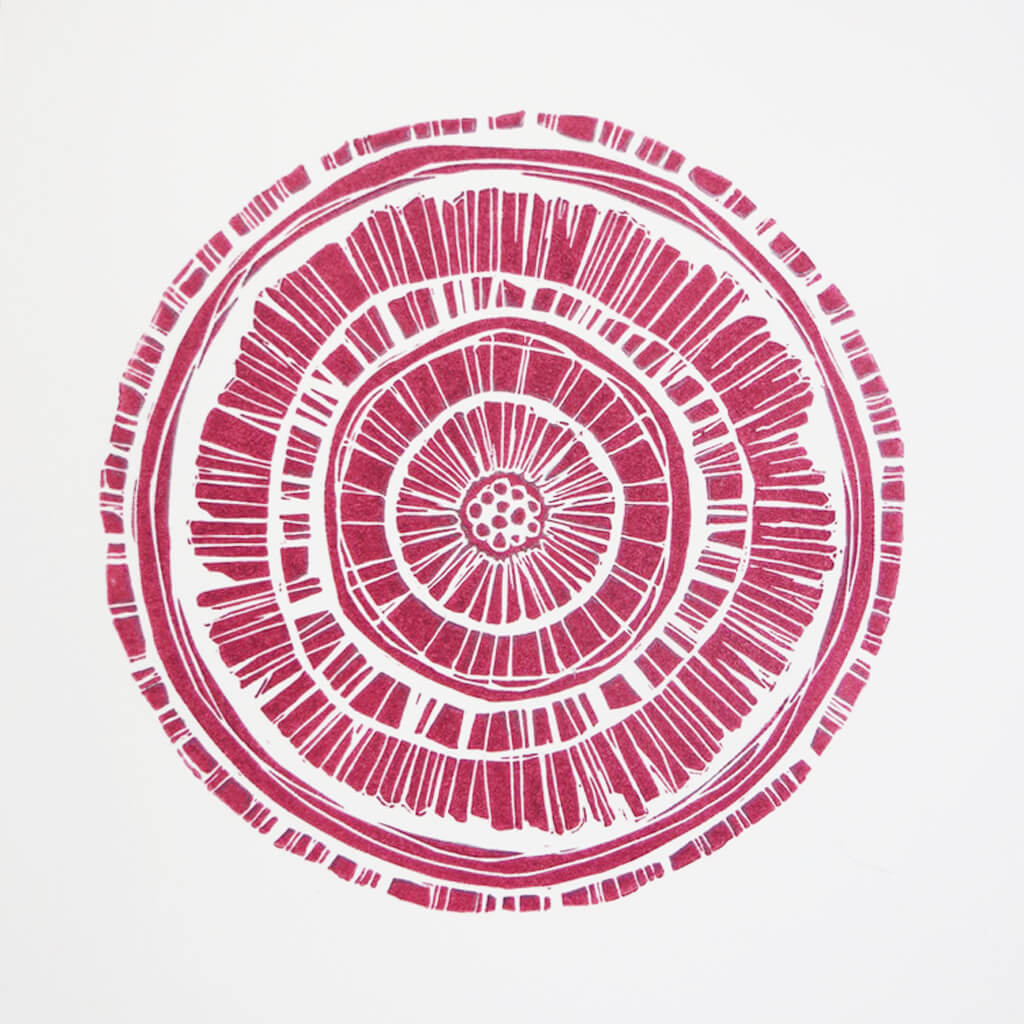 Hand printed linocut by artist Sarah Knight. Weathered Woodrings is available in either crimson or teal, both in an optional navy blue frame.