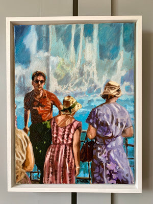 White water oil painting on canvas of tourists standing by the Niagara Falls by London based portrait artist Stella Tooth front view