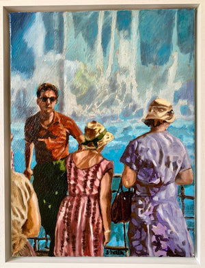 White water oil painting on canvas of tourists standing by the Niagara Falls by London based portrait artist Stella Tooth front