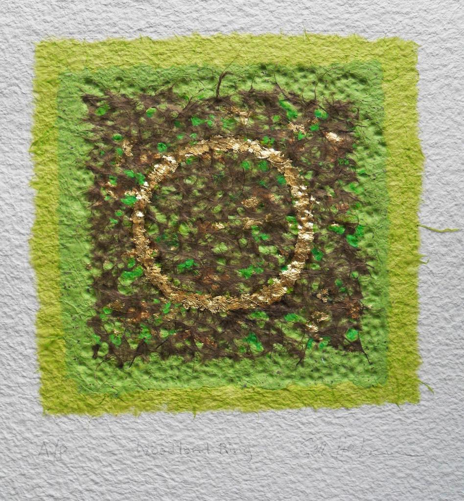 Woodland Ring, original abstract artwork in green, brown and gold leaf by artist Gill Hickman