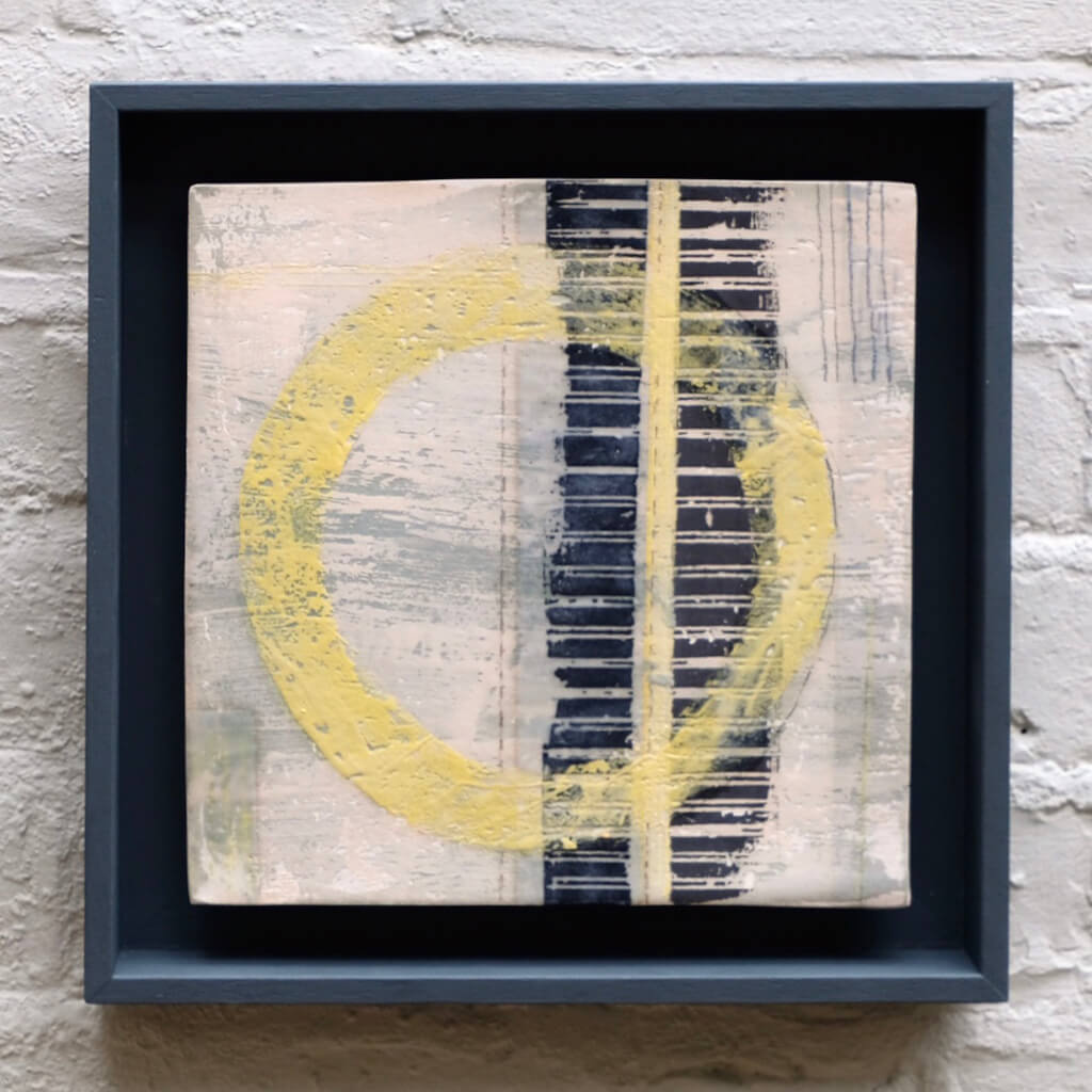 Bice Box Framed Tile I unique stoneware with abstract yellow and black by Caroline Nuttall-Smith