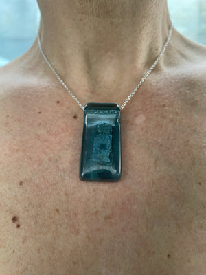 blue clear glass rectangular pendant on a fine 16" belcher solid silver chain kiln formed glass with recycled metal inclusions