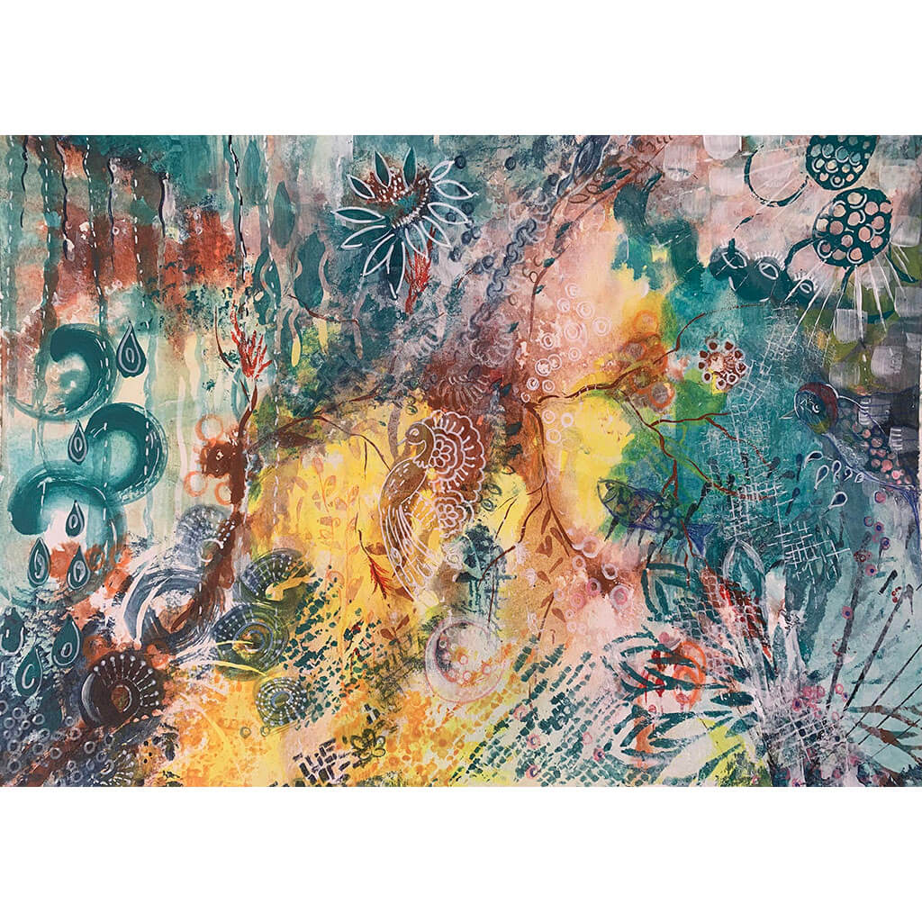 Enchanted Land original mixed media artwork by Ashima Kumar created using ink watercolour paint pencil and pen on paper