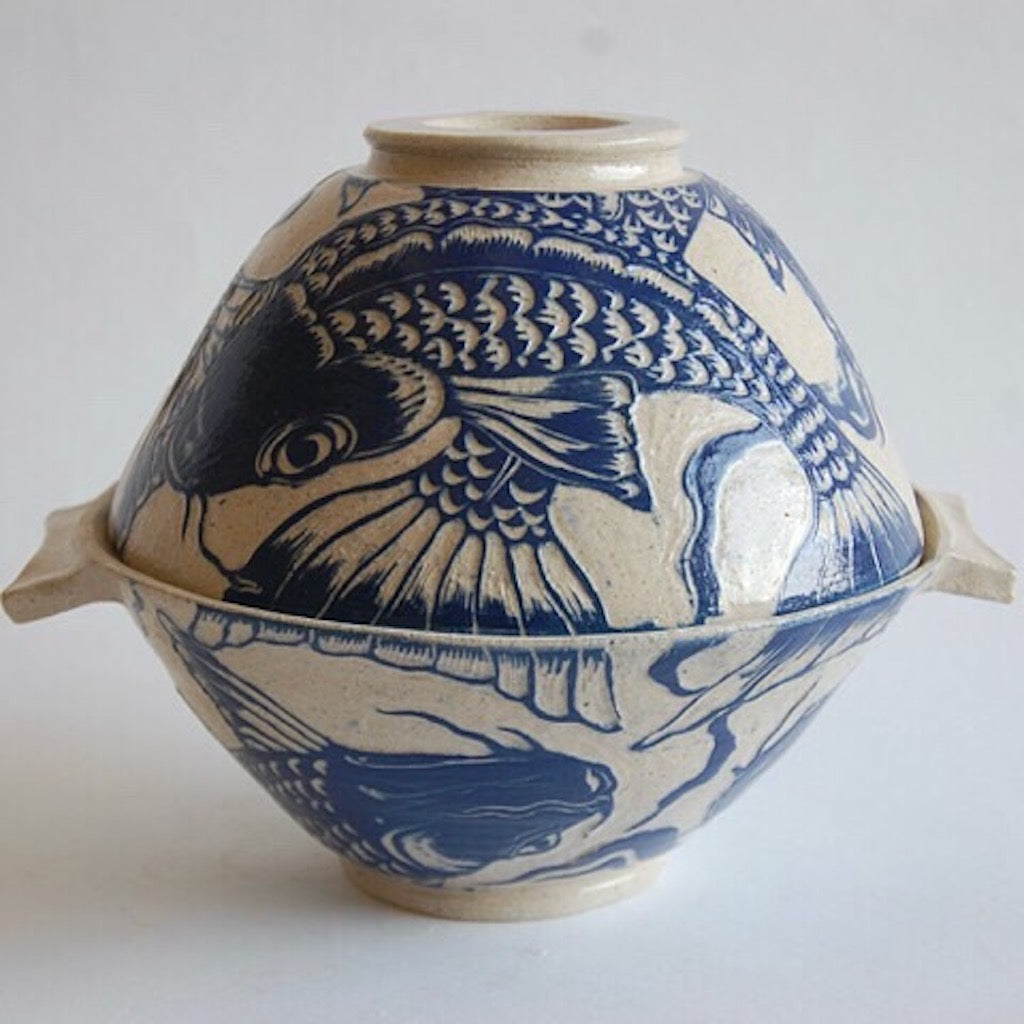 Handmade stoneware ceramic Koi fish design casserole