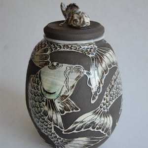 Handmade black stoneware ceramic carved Koi design ginger jar