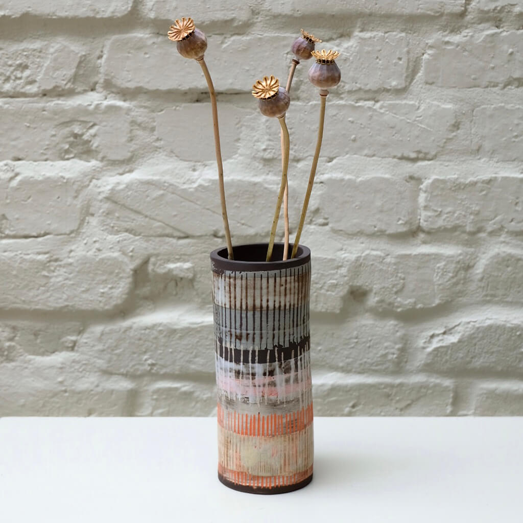 Pailing Cylinder Vase I hand built stoneware in brown and orange by Caroline Nuttall-Smith