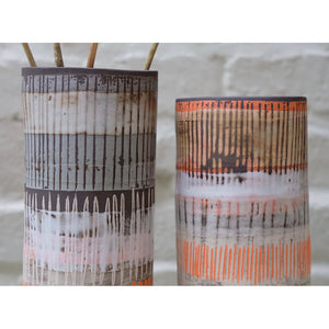 Pailing Cylinder Vase I hand built stoneware in brown and orange by Caroline Nuttall-Smith