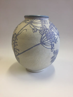 Handmade stoneware ceramic moonjar with umbellifer engraving
