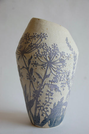 Handmade stoneware ceramic vase engraved with wildflower design
